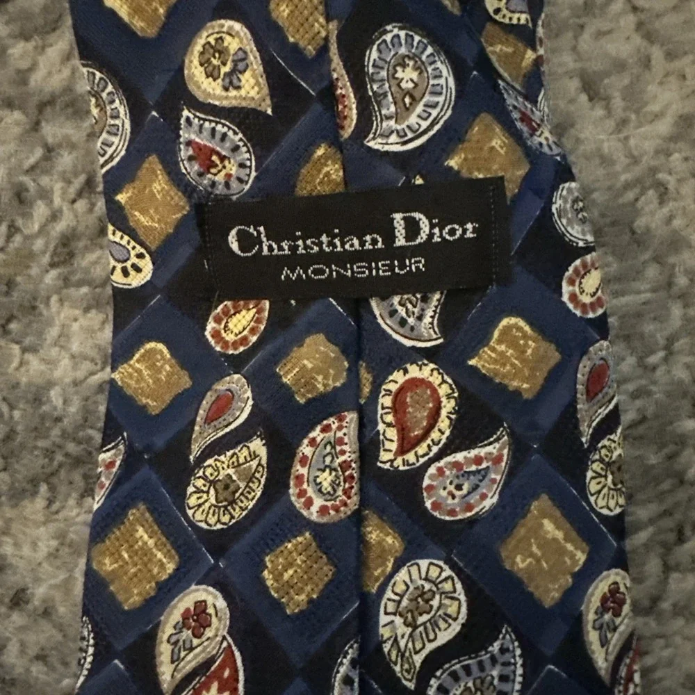 VTG Christian Dior Logo LUXURY Neck Tie Blue Geometric Dots Silk Paisley